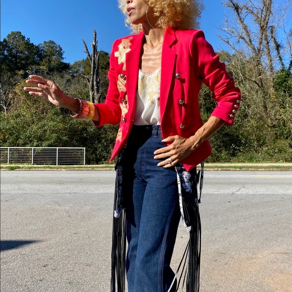 OOAK handpainted red Elizabeth James blazer jacket - Picture 5 of 6